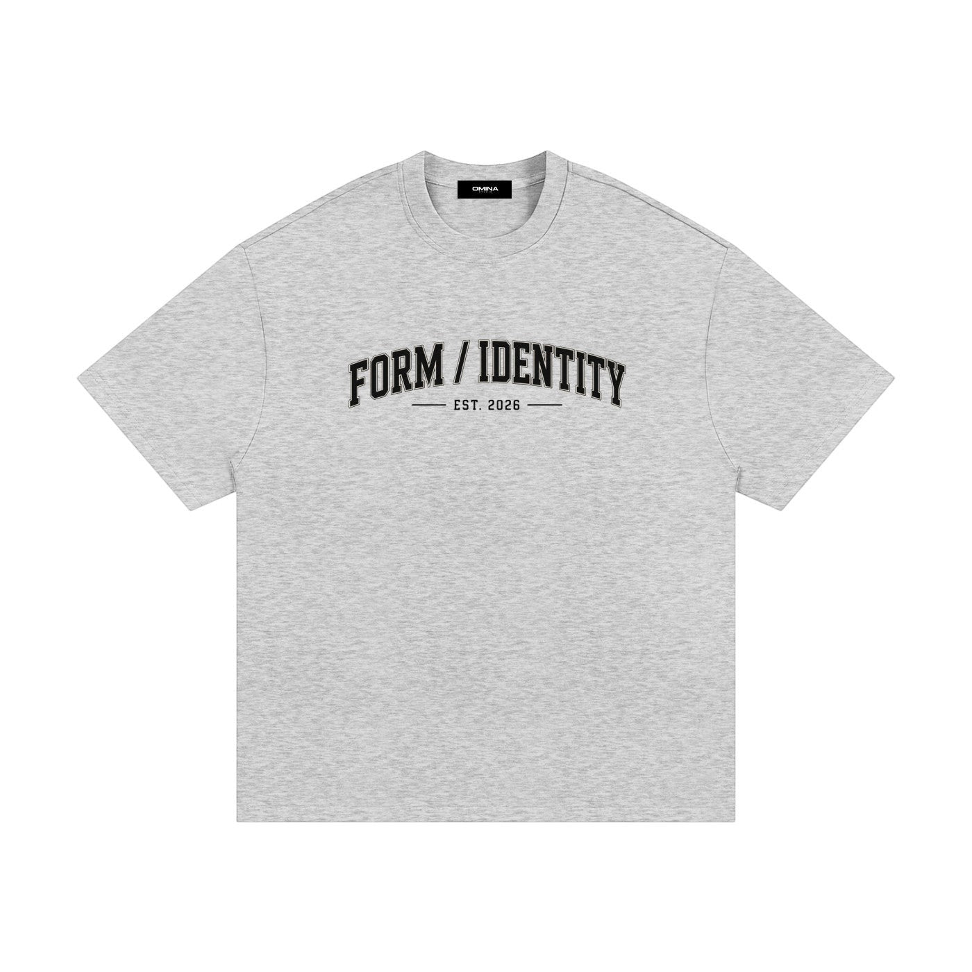 OMINA Studio grey heavyweight cotton t-shirt with "FORM / IDENTITY EST. 2026" graphic on front. Relaxed fit.