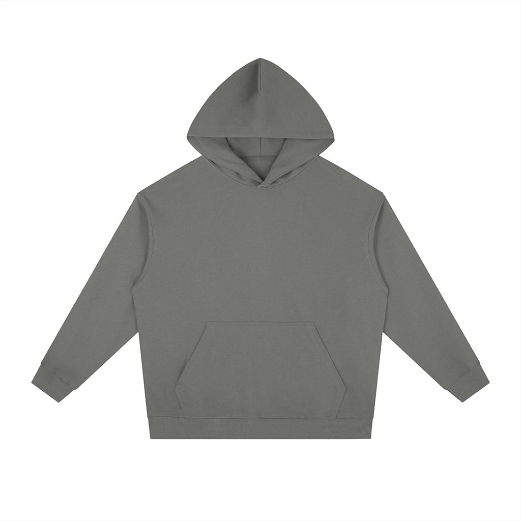 Omina Studio grey heavyweight fleece drop-shoulder hoodie with front pocket and double-layer hood.