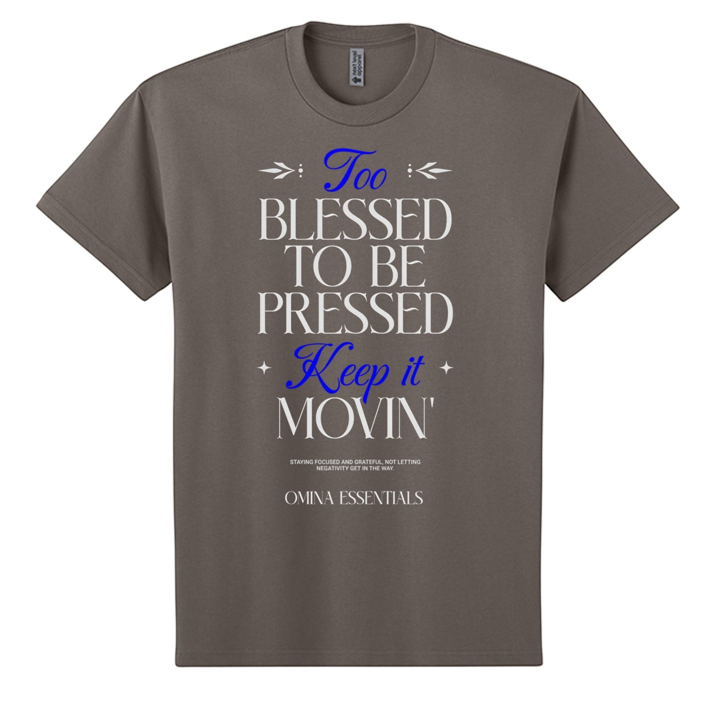 Omina heavyweight cotton t-shirt in grey with Blessed, Not Pressed graphic print in white and blue text.