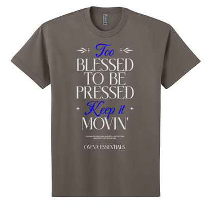 Omina heavyweight cotton t-shirt in grey with Blessed, Not Pressed graphic print in white and blue text.