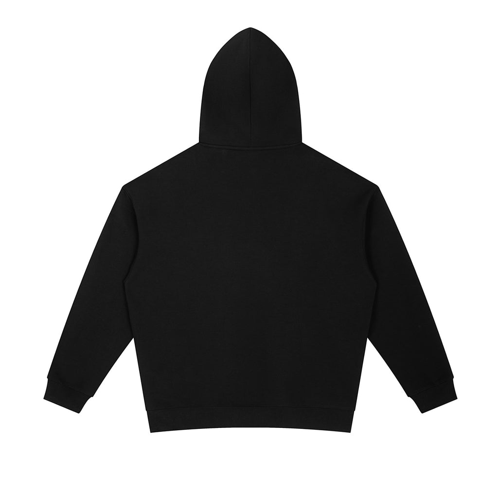 Omina black heavyweight cotton blend hoodie with oversized fit, drop shoulders, and kangaroo pocket.