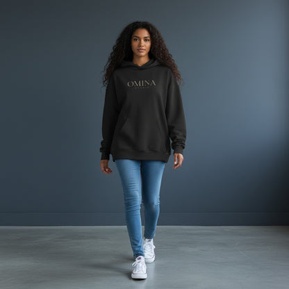 OMINA Studio heavyweight black cotton hoodie with kangaroo pocket and minimalist front logo. Boxy fit.
