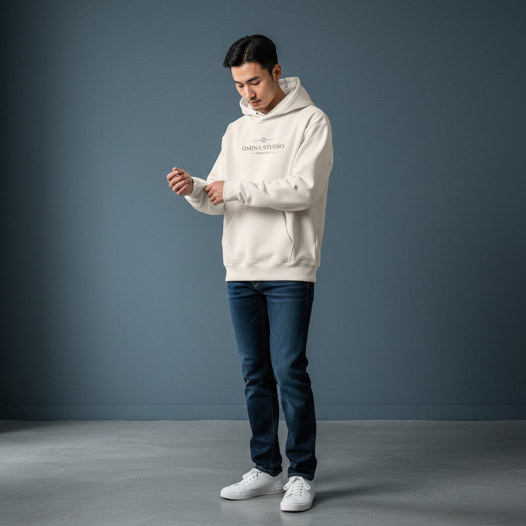 Omina Studio State of Mind heavyweight cream hoodie with oversized fit and front pocket.
