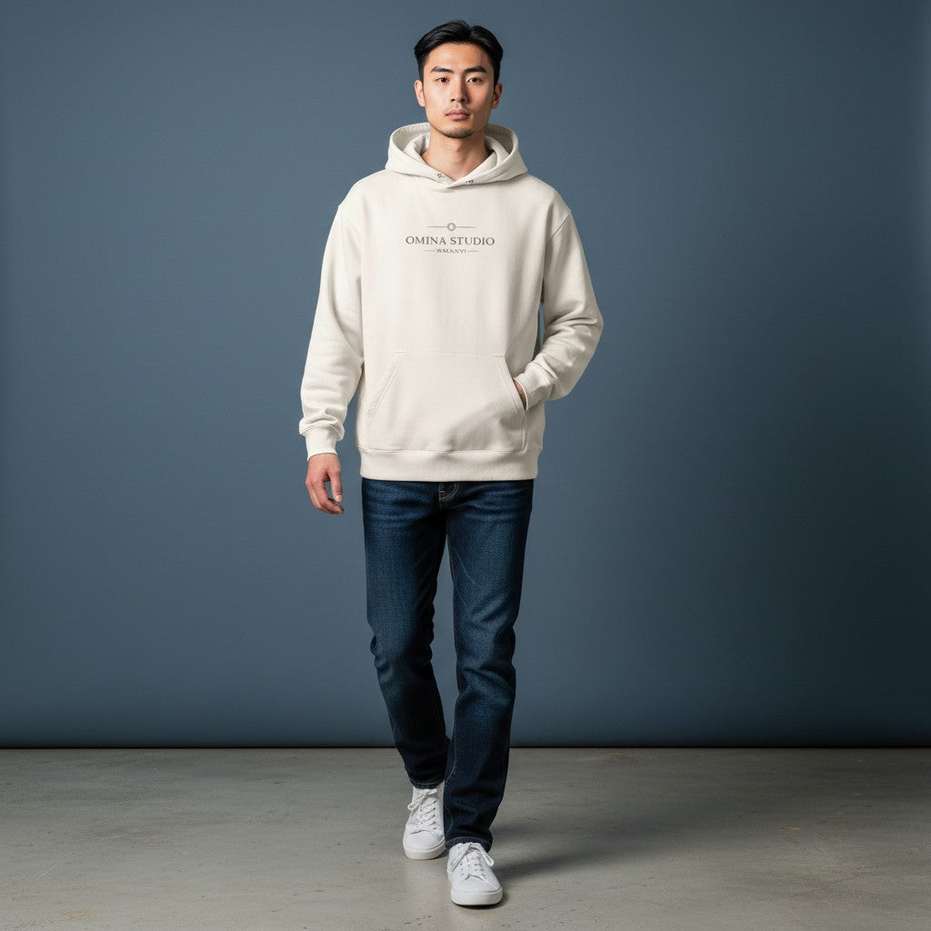 Omina Studio State of Mind heavyweight cream hoodie with oversized fit and front pocket.