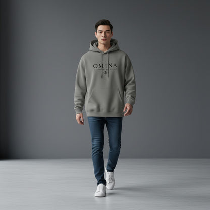 Omina Studio grey heavyweight fleece drop-shoulder hoodie with black text logo and symbol.