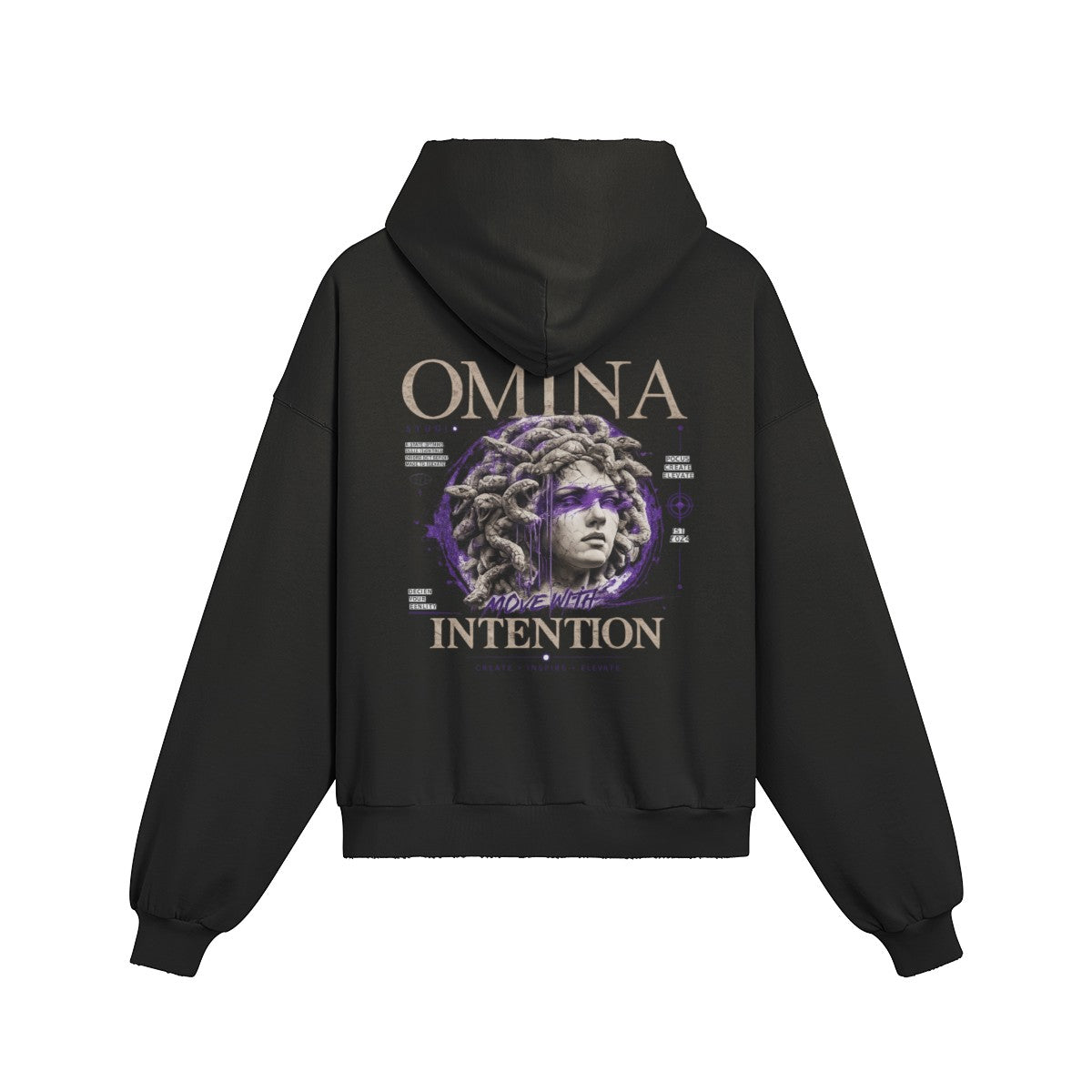 OMINA Studio black heavyweight cotton hoodie with a large graphic of Medusa and the text "Move With Intention" on the back.