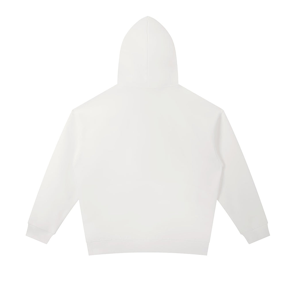 Omina white heavyweight cotton blend hoodie with oversized fit, drop shoulders, and kangaroo pocket.