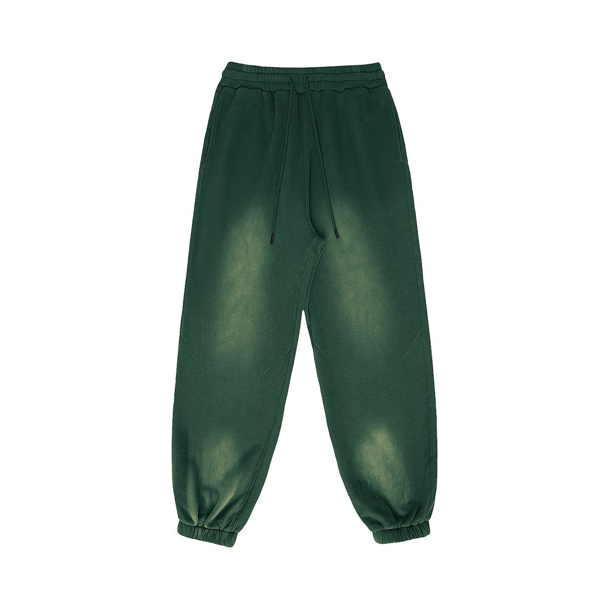 OMINA Studio vintage-inspired heavyweight fleece sweatpants in dark green with a washed finish and adjustable drawstrings.
