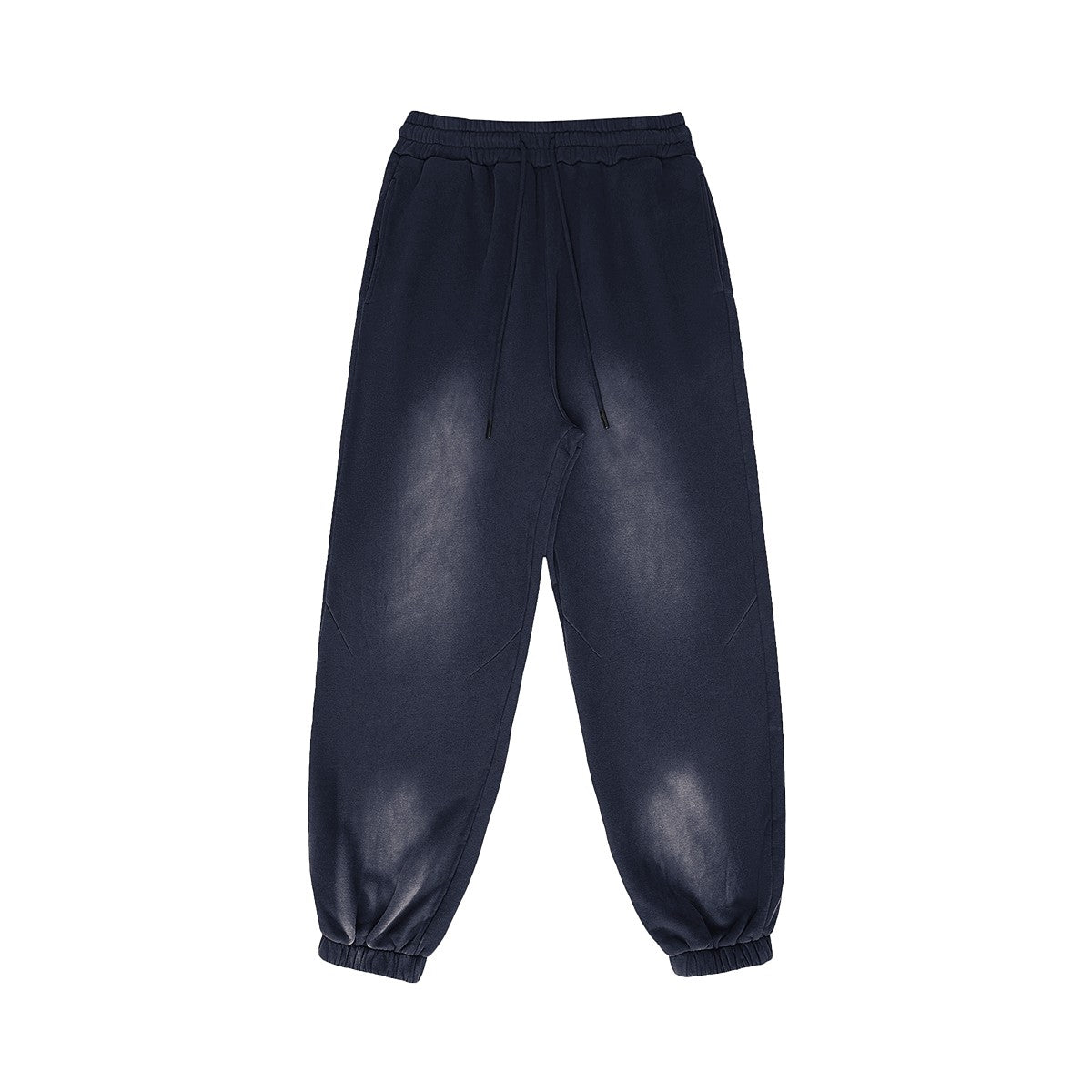 Omina Studio vintage-inspired heavyweight sweatpants in washed navy blue fleece with elastic waistband and drawstrings.
