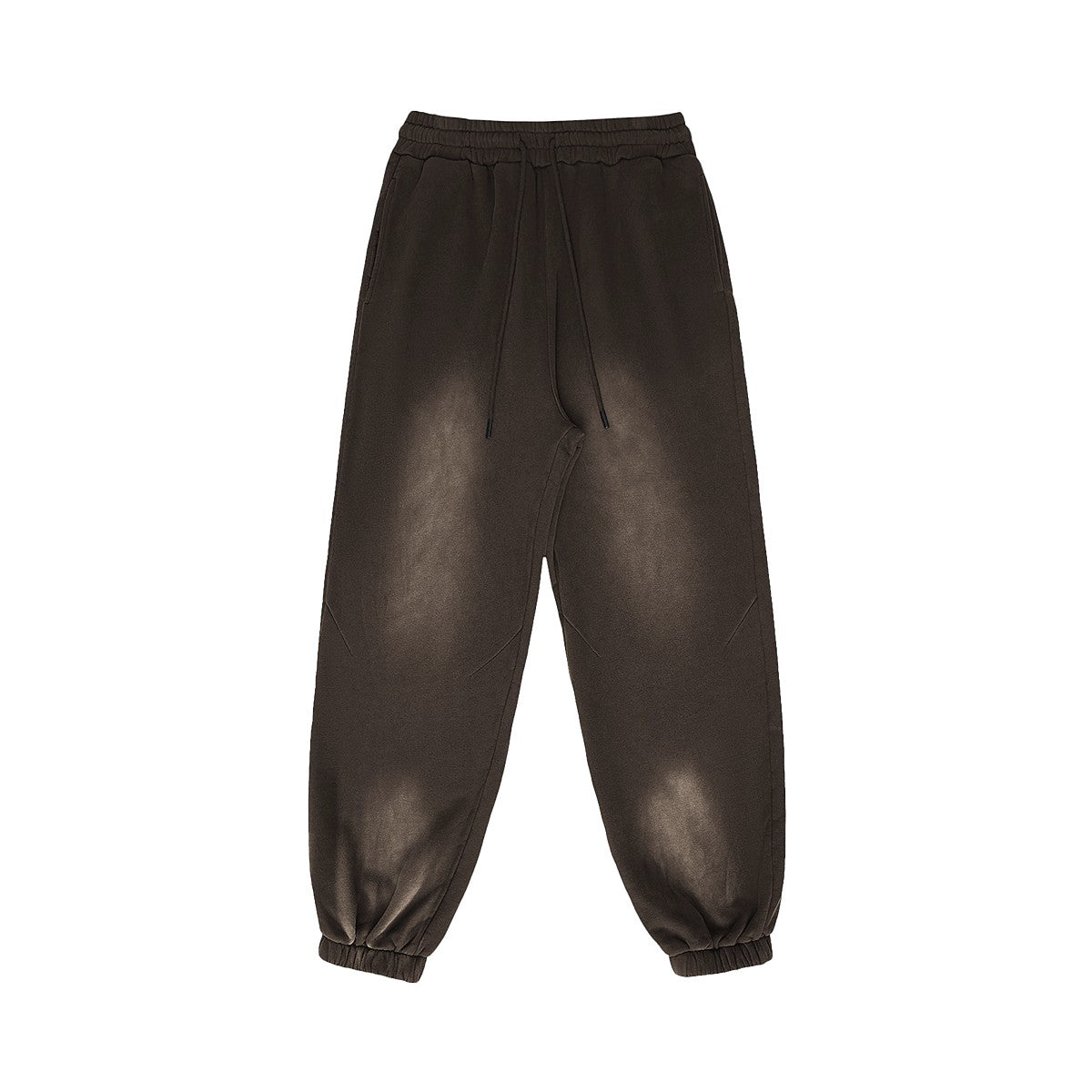 Omina Studio vintage-inspired heavyweight fleece sweatpants in a washed brown color with an elastic waistband and drawstrings.