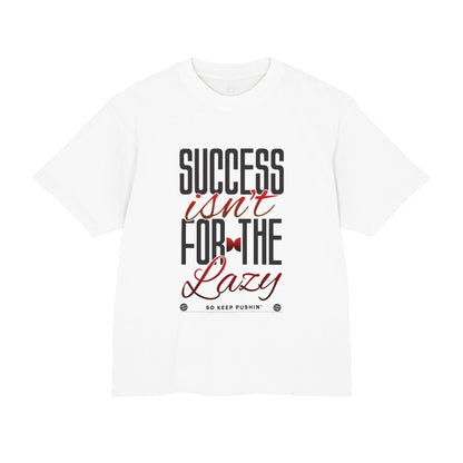 Omina heavyweight white boxy cotton t-shirt featuring Success Isn't For The Lazy motivational graphic in black and red.