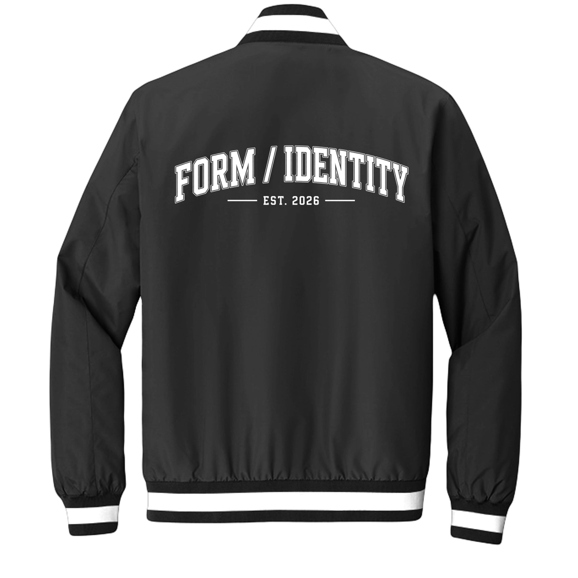 Omina black insulated varsity jacket with white striped collar, cuffs, and hem. Features "FORM / IDENTITY EST. 2026" graphic on back.