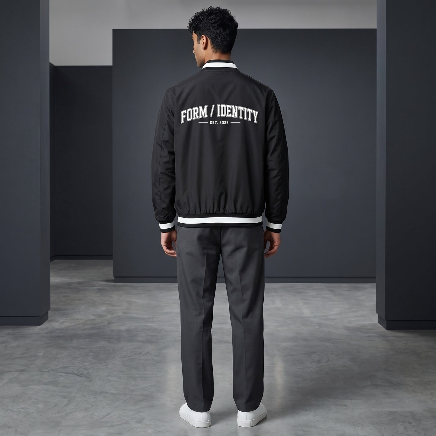 Omina black insulated varsity jacket with white "FORM / IDENTITY EST. 2026" graphic on back and striped rib-knit collar, cuffs, and hem.