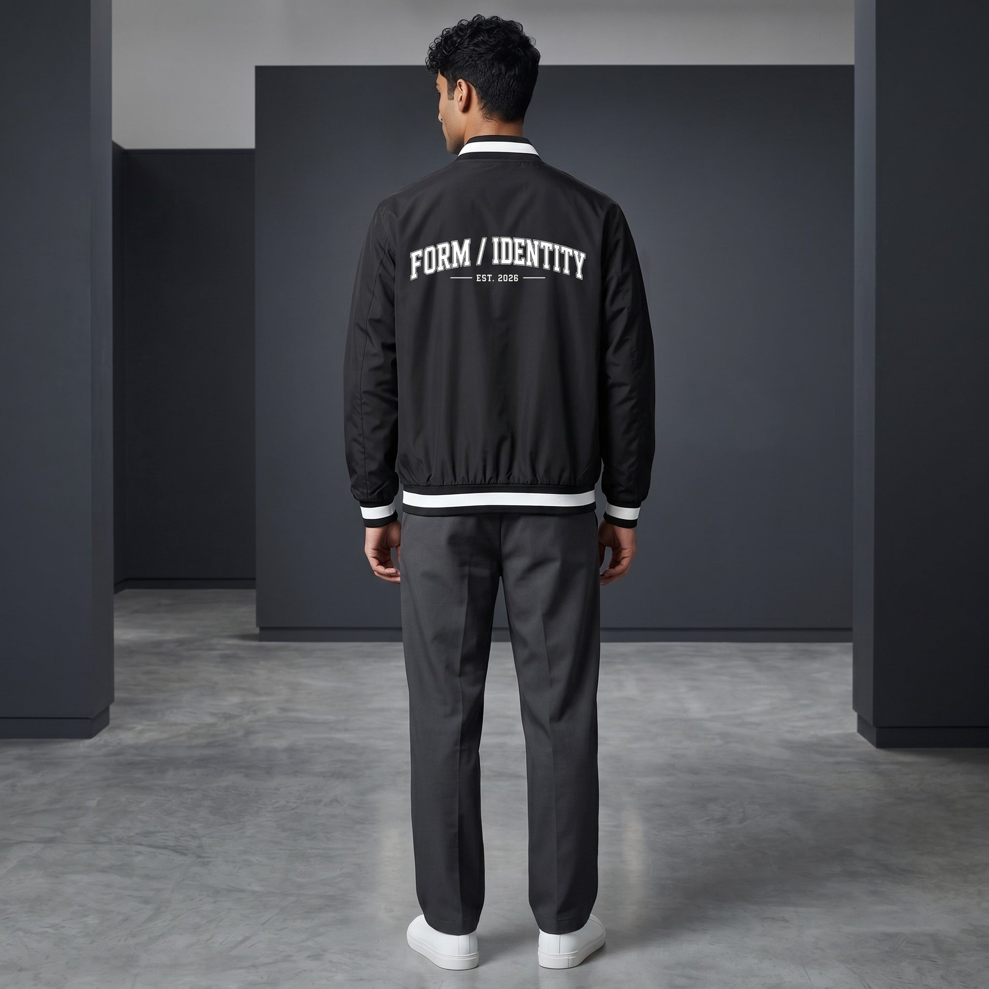 Omina black insulated varsity jacket with white "FORM / IDENTITY EST. 2026" graphic on back and striped rib-knit collar, cuffs, and hem.