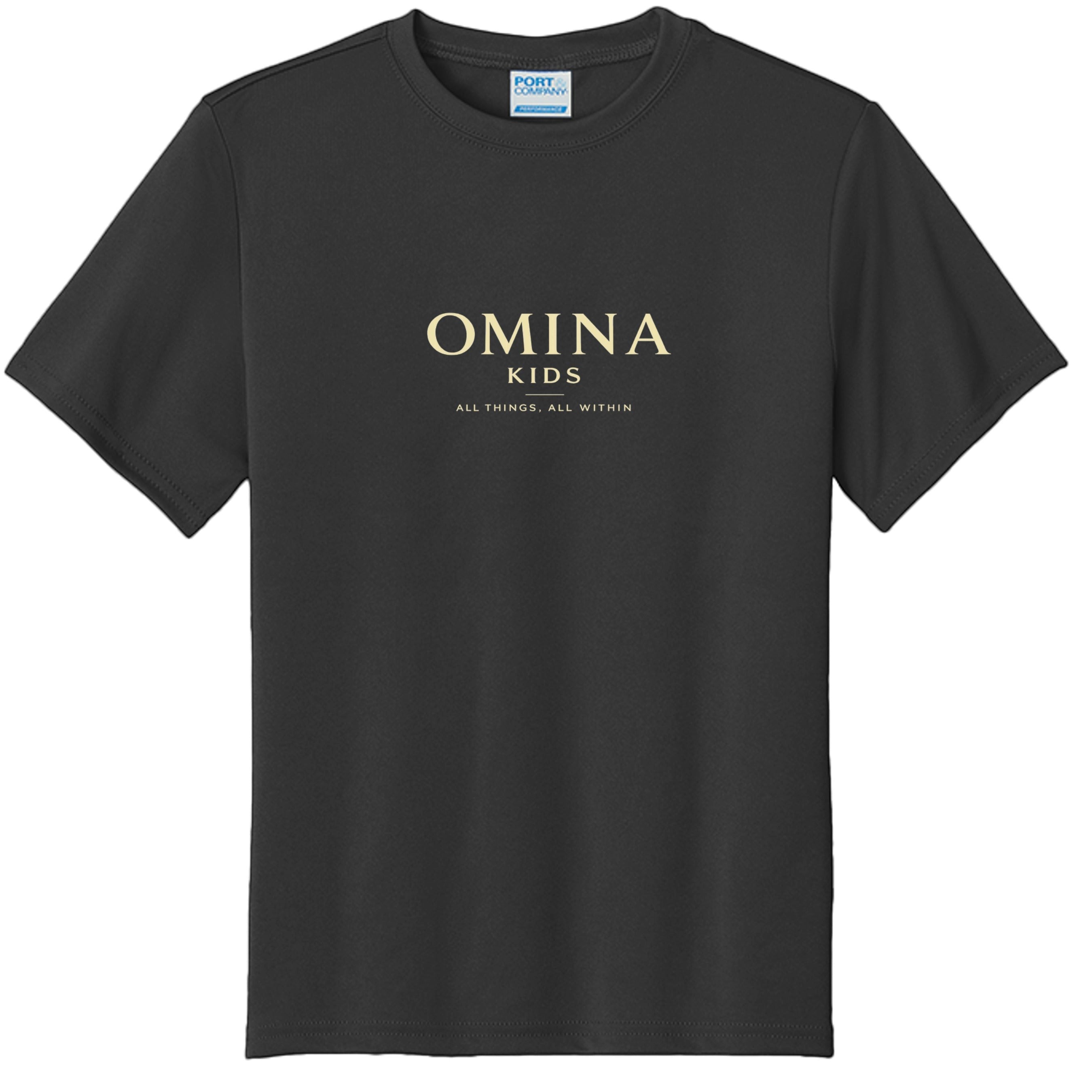 Omina Kids black cotton t-shirt with gold "OMINA KIDS ALL THINGS, ALL WITHIN" graphic print.