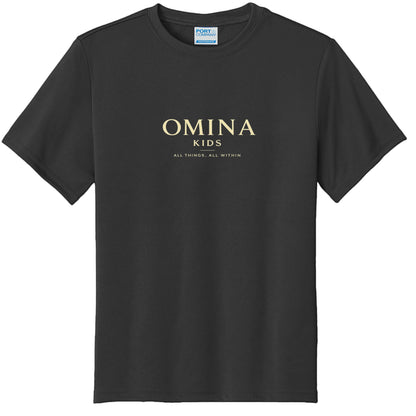 Omina Kids black cotton t-shirt with gold "OMINA KIDS ALL THINGS, ALL WITHIN" graphic print.