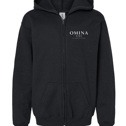 Omina Kids black full zip hoodie with minimalist chest logo and "Future In Motion" graphic on back. Relaxed fit, midweight cotton blend.