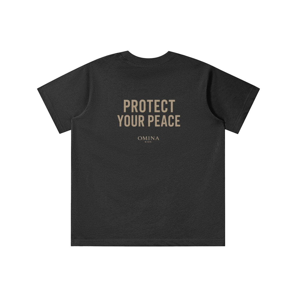 Omina Kids black cotton t-shirt with "PROTECT YOUR PEACE" graphic and Omina Kids logo.