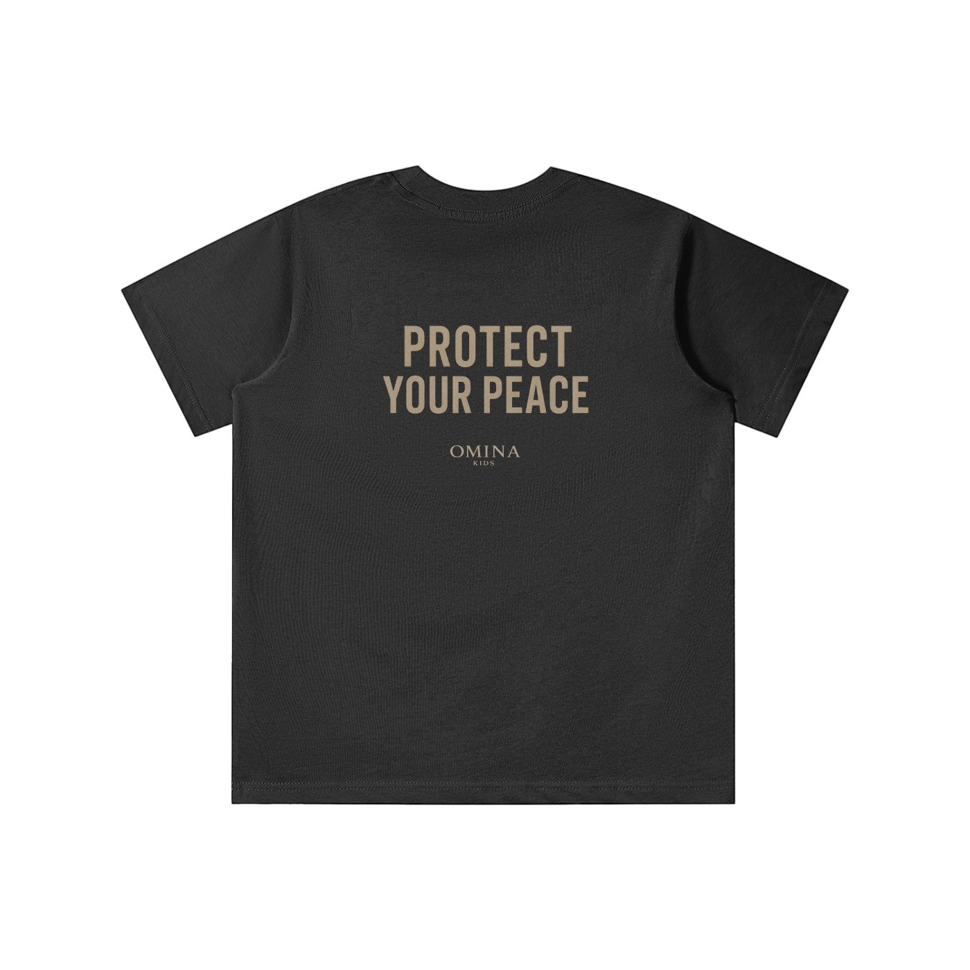 Omina Kids black cotton t-shirt with "PROTECT YOUR PEACE" graphic and Omina Kids logo.