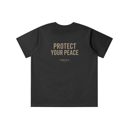 Omina Kids black cotton t-shirt with "PROTECT YOUR PEACE" graphic and Omina Kids logo.