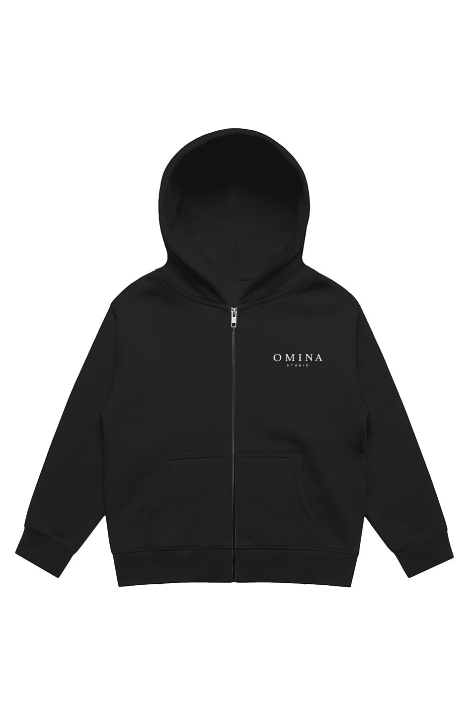 Omina Studio black cotton blend kids zip-up hoodie with kangaroo pockets and subtle logo.