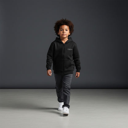 Omina Studio black cotton blend kids zip-up hoodie with kangaroo pockets and minimalist logo.