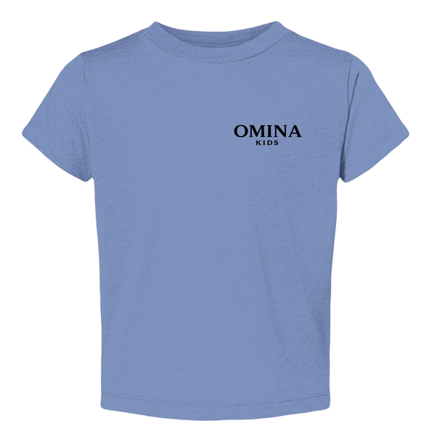 Omina Kids toddler tee in light blue triblend fabric with black Omina Kids logo on left chest. Short sleeves, crew neck.