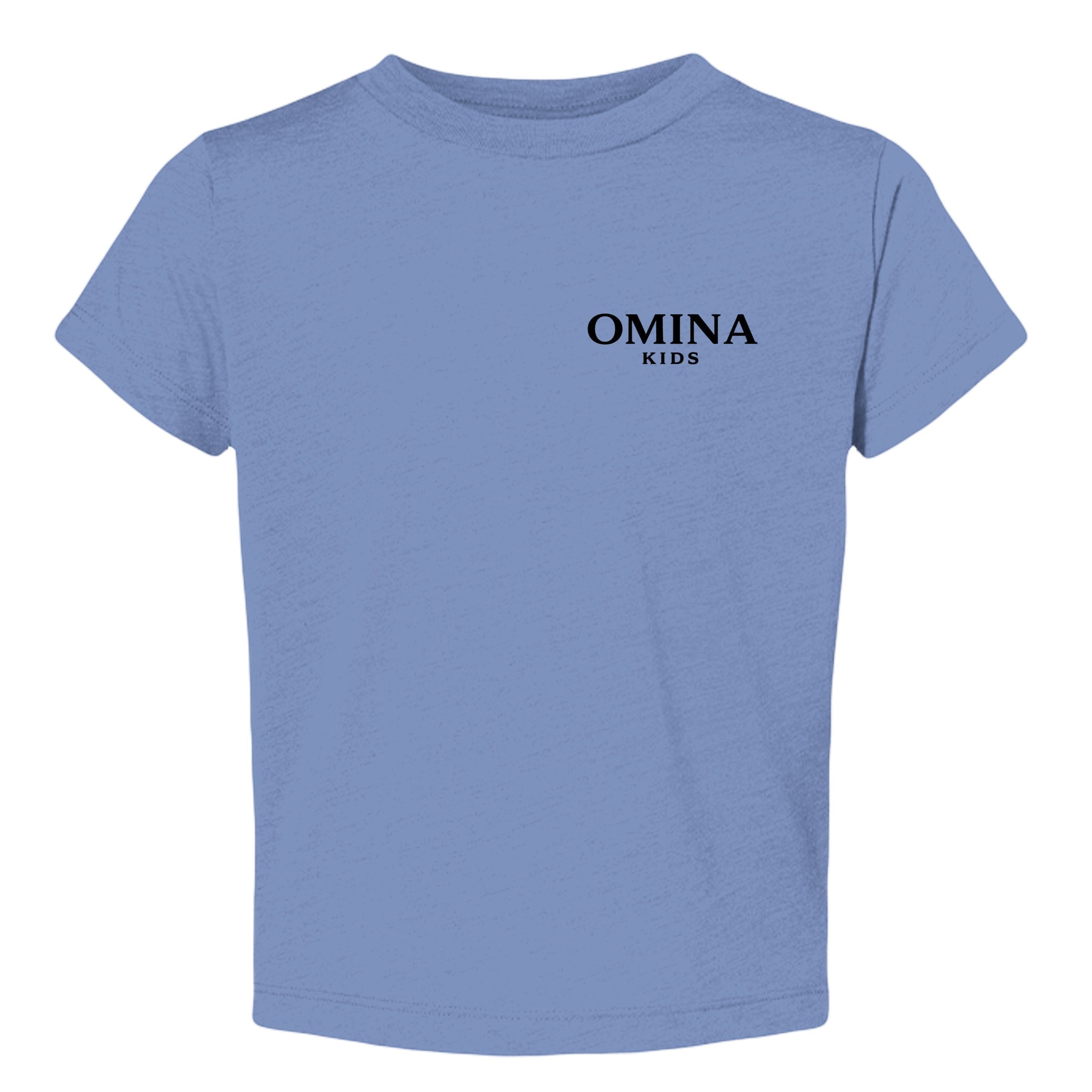 Omina Kids toddler tee in light blue triblend fabric with black Omina Kids logo on left chest. Short sleeves, crew neck.