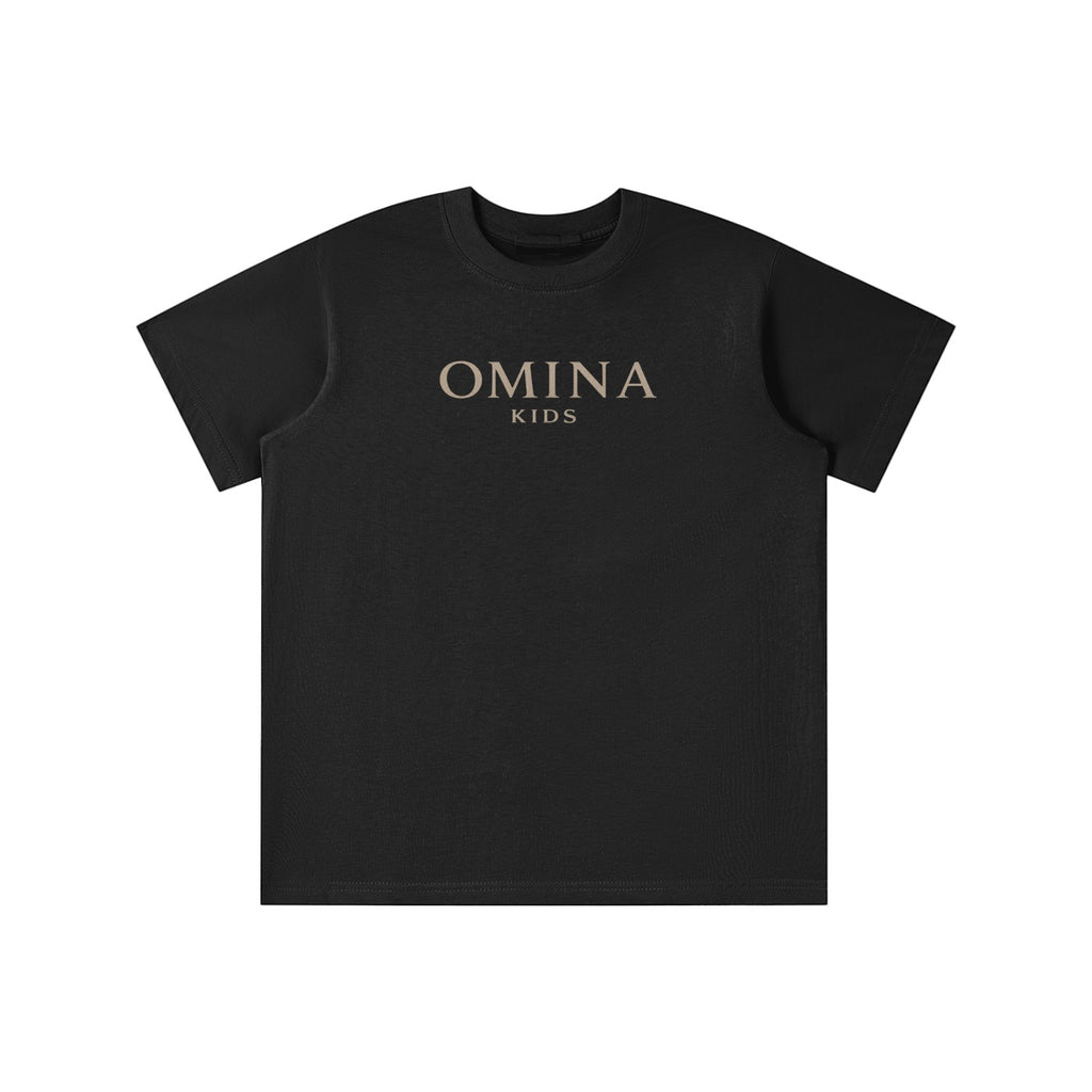 Omina Kids Essential T-Shirt in black, made from soft, breathable fabric with a relaxed fit and subtle Omina Kids branding.