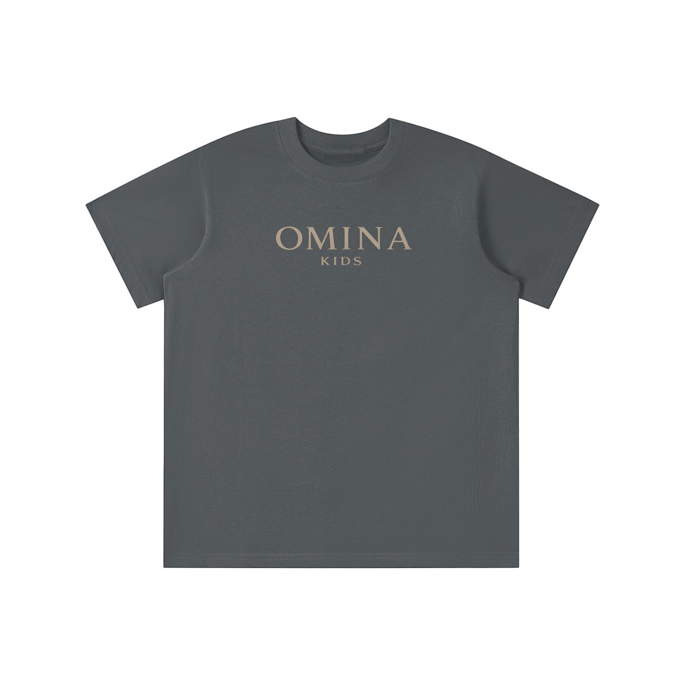 Omina Kids Essential T-Shirt in charcoal grey, made from soft, breathable fabric with a relaxed fit and subtle Omina Kids branding.
