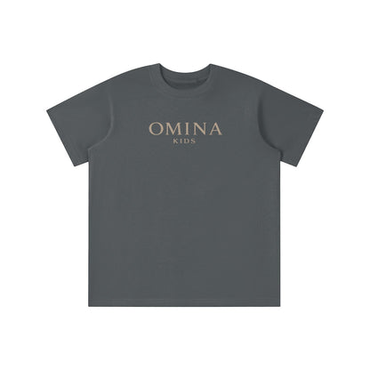 Omina Kids Essential T-Shirt in charcoal grey, made from soft, breathable fabric with a relaxed fit and subtle Omina Kids branding.