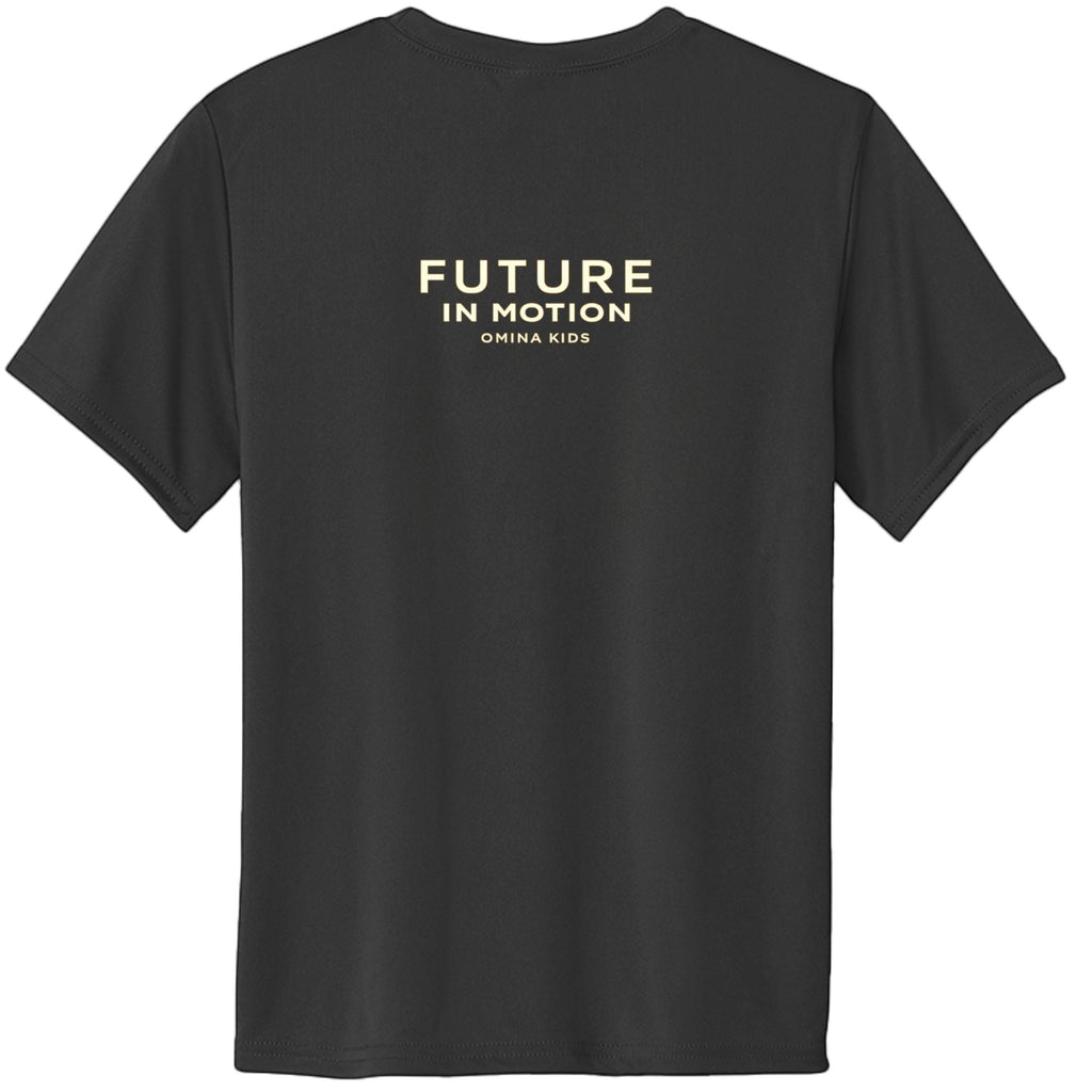 Omina Kids black cotton t-shirt with "FUTURE IN MOTION OMINA KIDS" text in gold on the back.