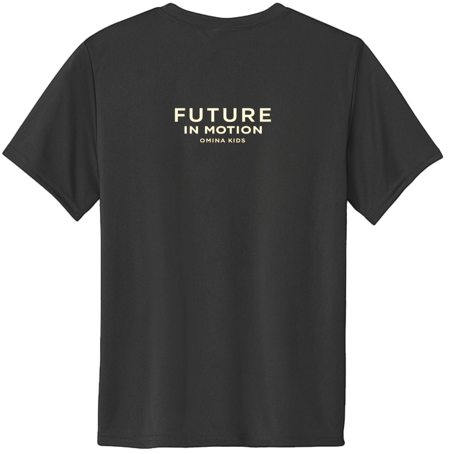 Omina Kids black cotton t-shirt with "FUTURE IN MOTION OMINA KIDS" text in gold on the back.