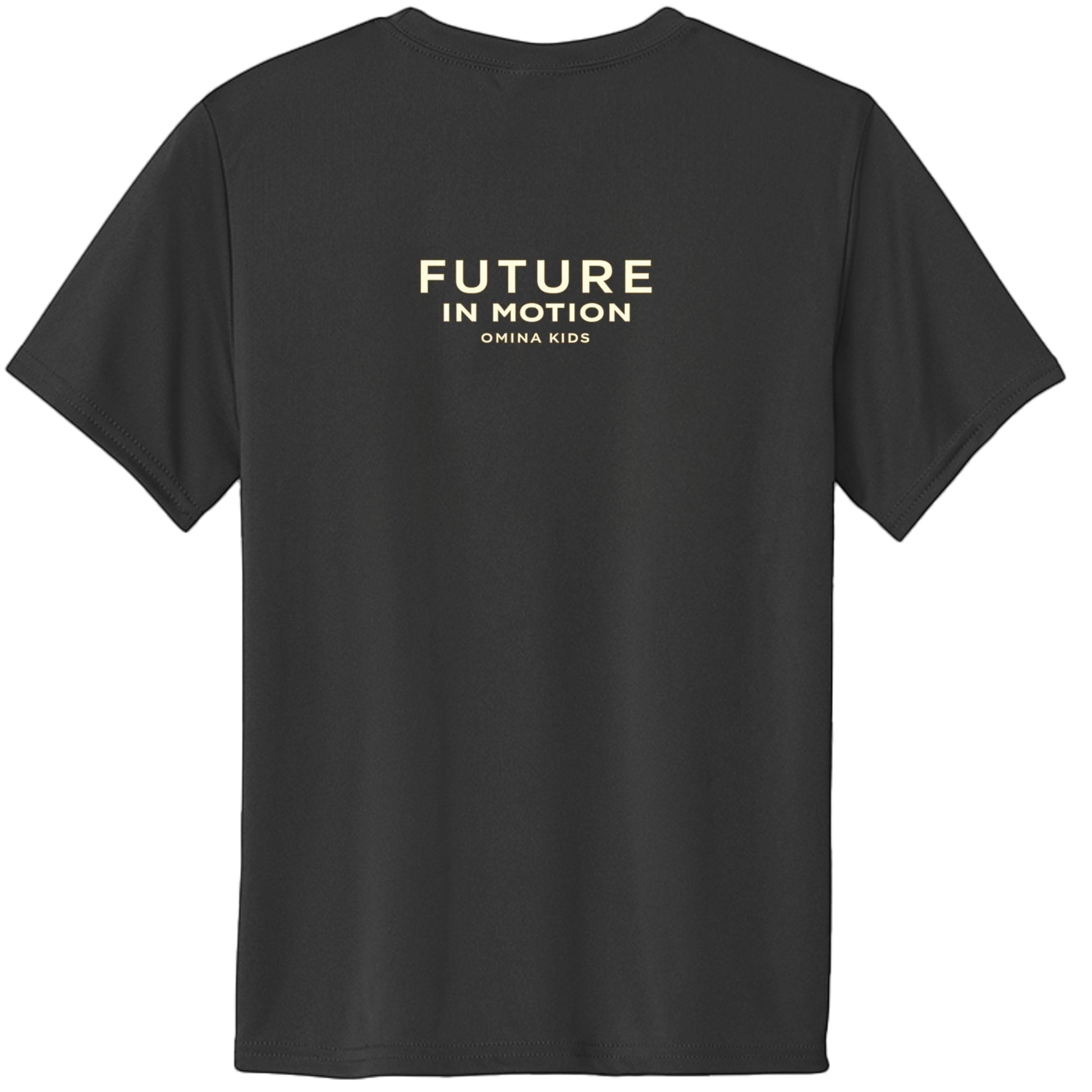 Omina Kids black cotton t-shirt with "FUTURE IN MOTION OMINA KIDS" text in gold on the back.