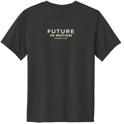 Omina Kids black cotton t-shirt with "FUTURE IN MOTION OMINA KIDS" text in gold on the back.