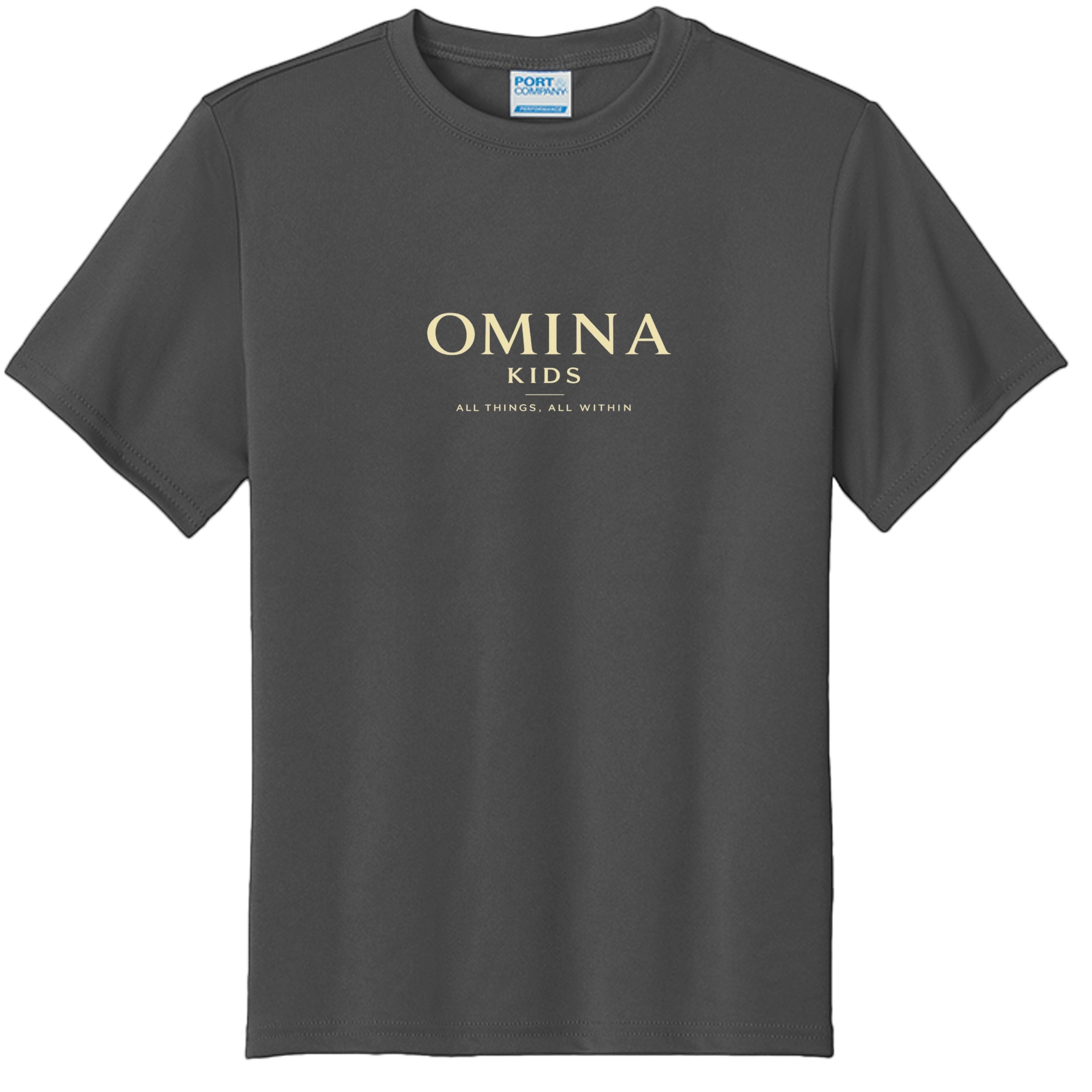 Omina Kids dark grey cotton t-shirt with "OMINA KIDS ALL THINGS, ALL WITHIN" text in gold.