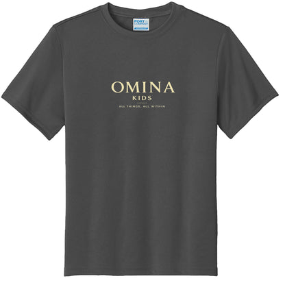 Omina Kids dark grey cotton t-shirt with "OMINA KIDS ALL THINGS, ALL WITHIN" text in gold.