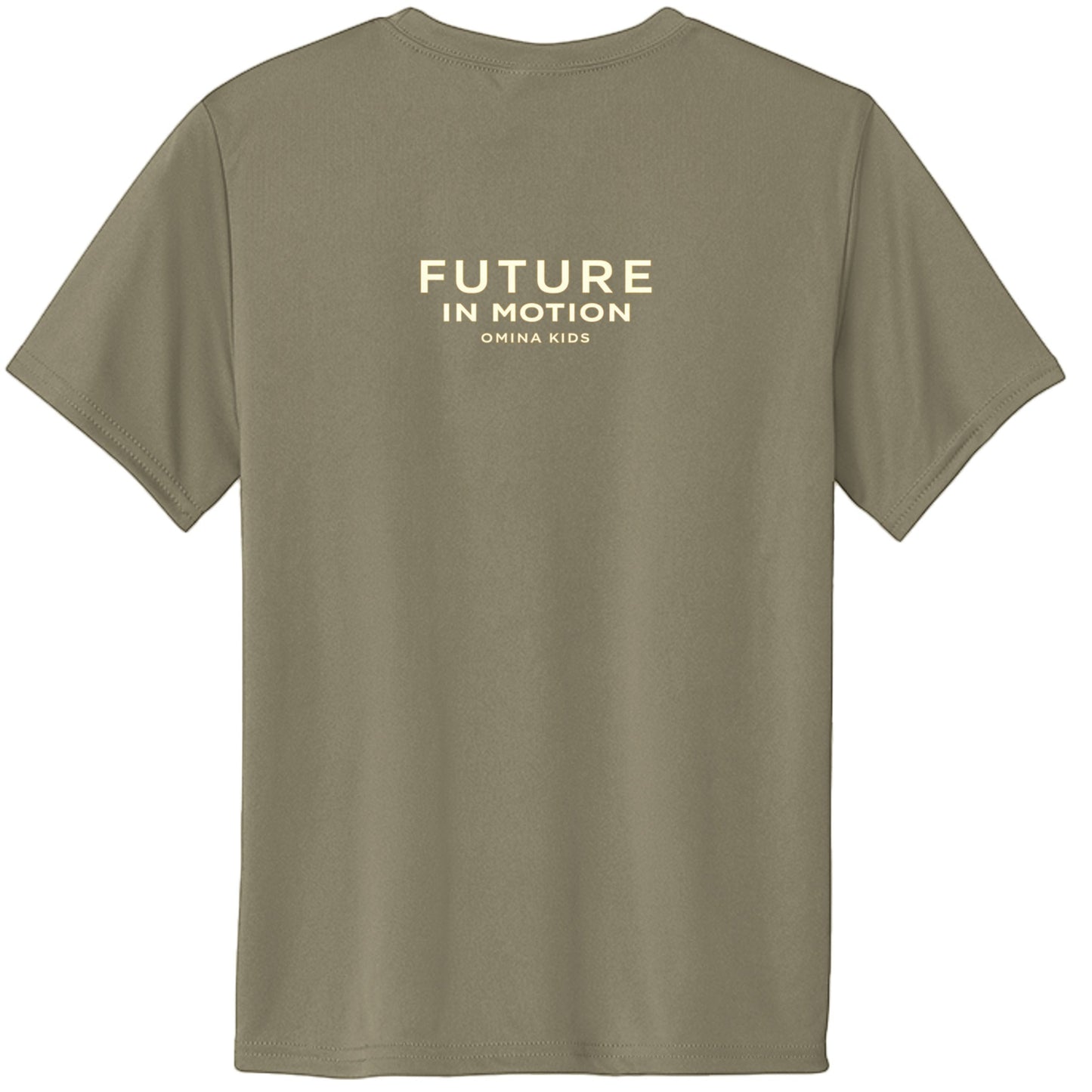 Omina Kids Future In Motion t-shirt in olive green, made from cotton with bold minimal typography on the back.