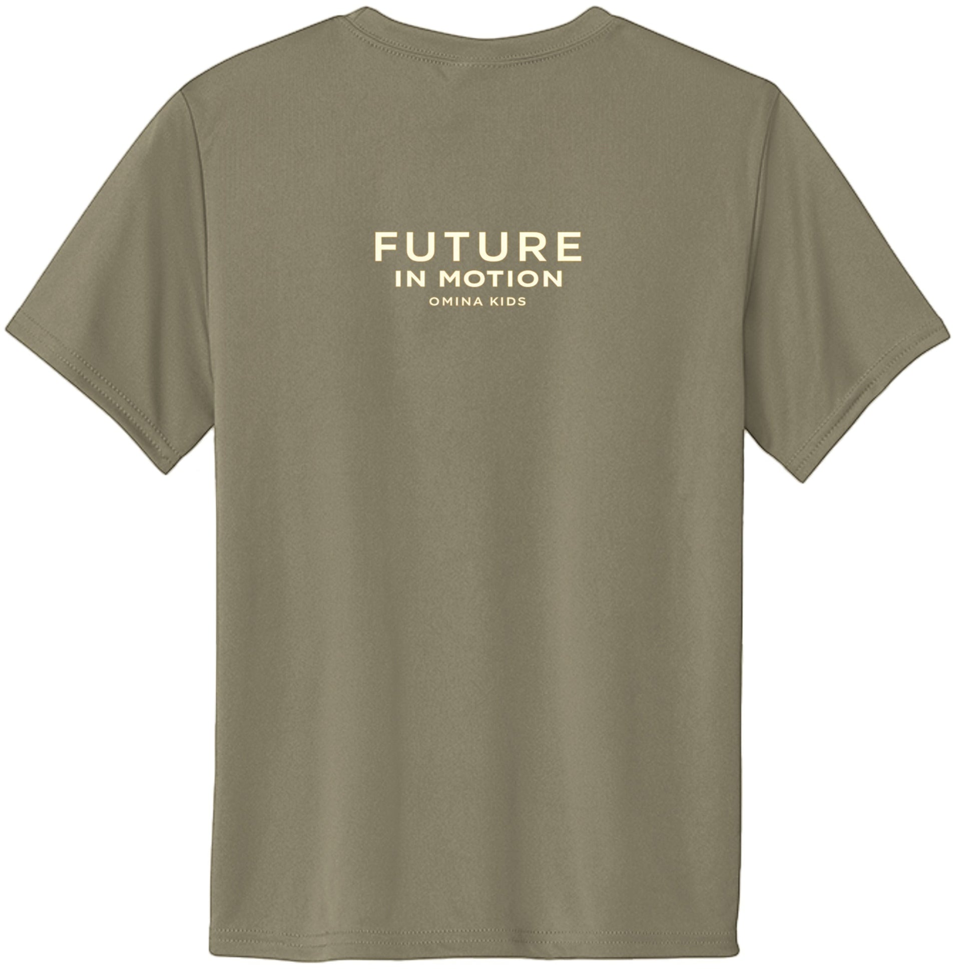 Omina Kids Future In Motion t-shirt in olive green, made from cotton with bold minimal typography on the back.