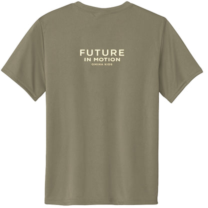 Omina Kids Future In Motion t-shirt in olive green, made from cotton with bold minimal typography on the back.