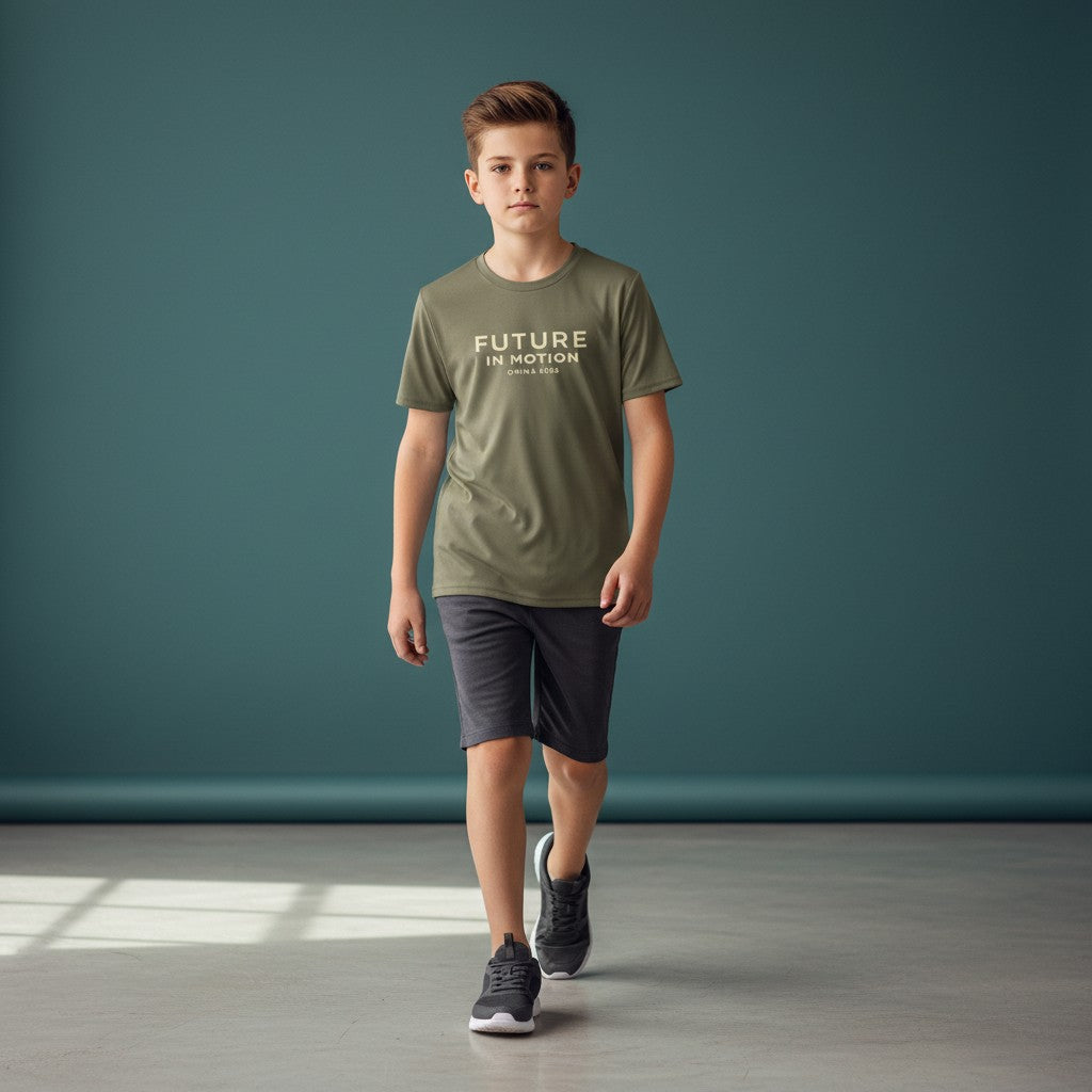 Omina Kids Future In Motion t-shirt in olive green, made from cotton with bold minimal typography on the back.