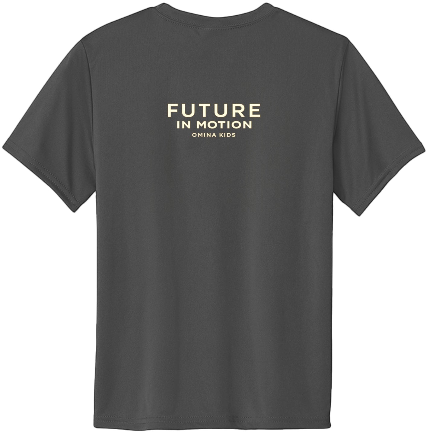 Omina Kids dark grey cotton t-shirt with "FUTURE IN MOTION OMINA KIDS" text in gold on back.