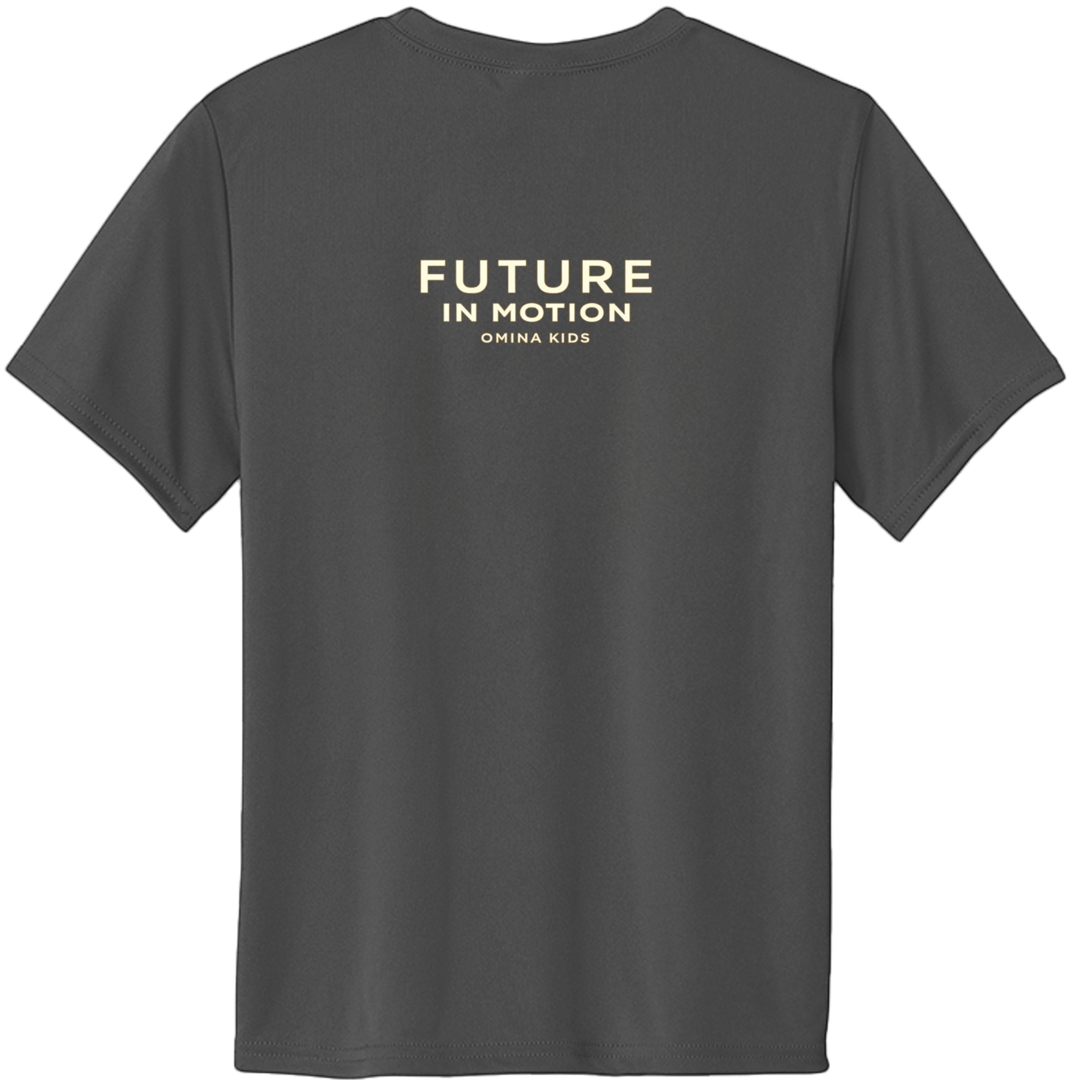 Omina Kids dark grey cotton t-shirt with "FUTURE IN MOTION OMINA KIDS" text in gold on back.