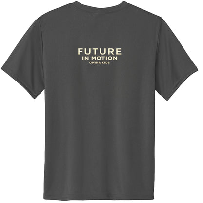 Omina Kids dark grey cotton t-shirt with "FUTURE IN MOTION OMINA KIDS" text in gold on back.