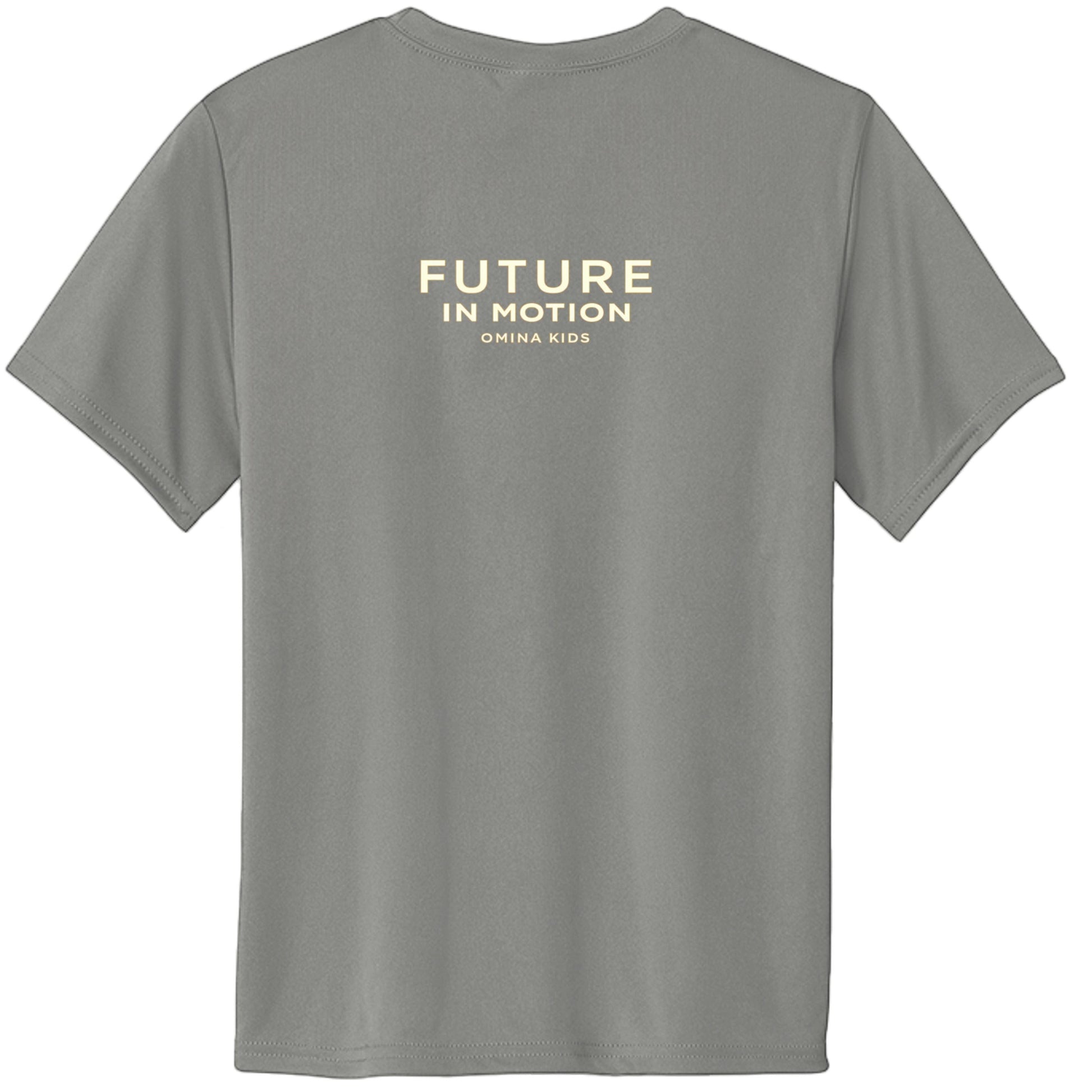 Omina Kids grey cotton t-shirt with "FUTURE IN MOTION OMINA KIDS" text on back.
