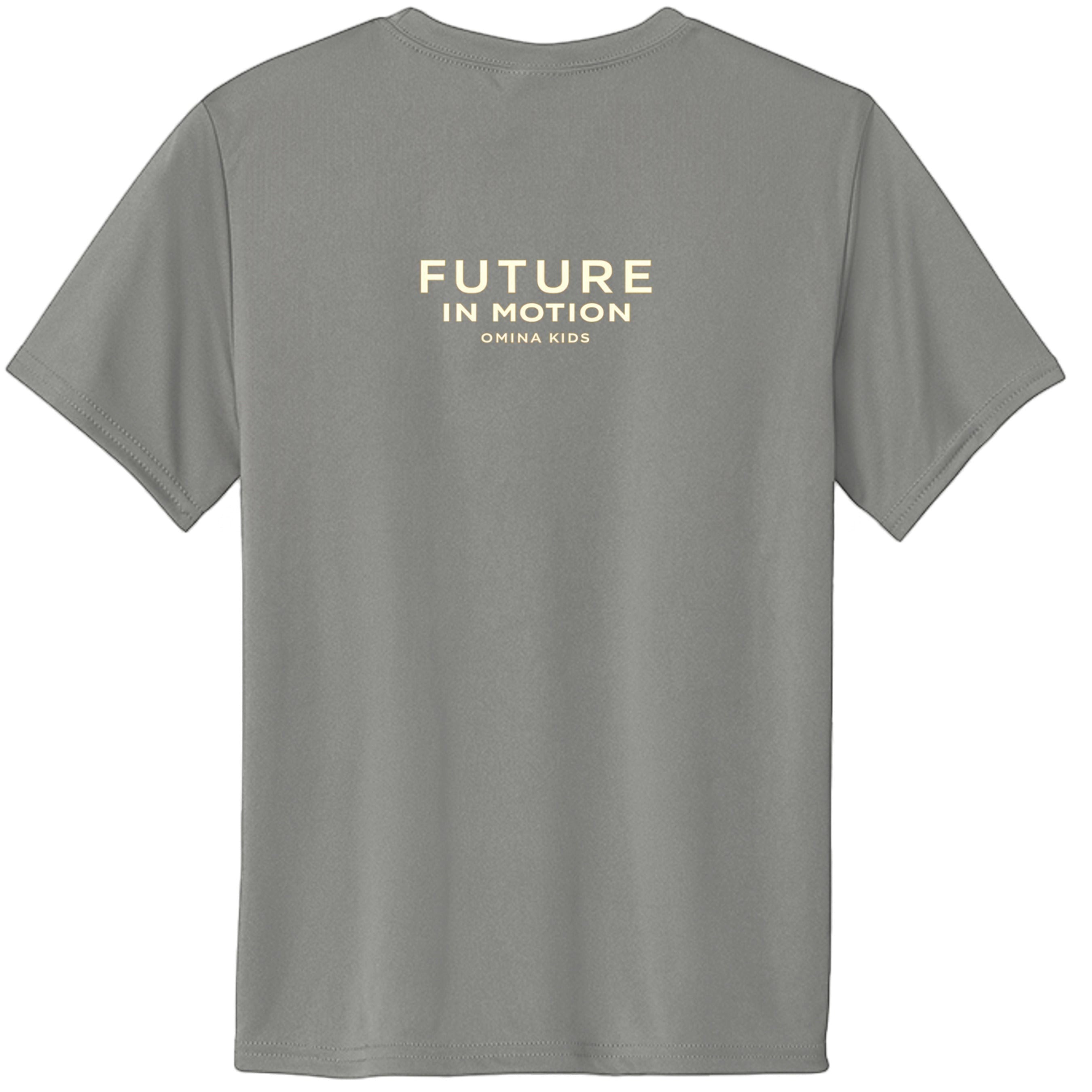 Omina Kids grey cotton t-shirt with "FUTURE IN MOTION OMINA KIDS" text on back.