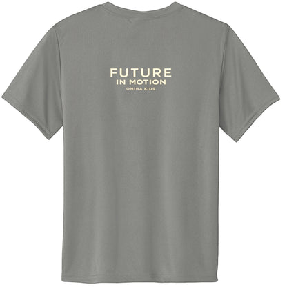 Omina Kids grey cotton t-shirt with "FUTURE IN MOTION OMINA KIDS" text on back.