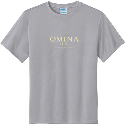 Omina Kids grey cotton t-shirt with "OMINA KIDS ALL THINGS, ALL WITHIN" text in gold.