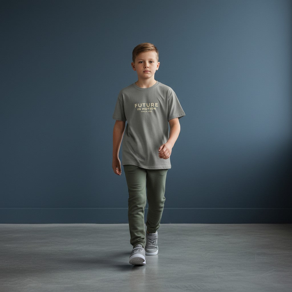 Omina Kids grey cotton t-shirt with "FUTURE IN MOTION OMINA KIDS" text on back.