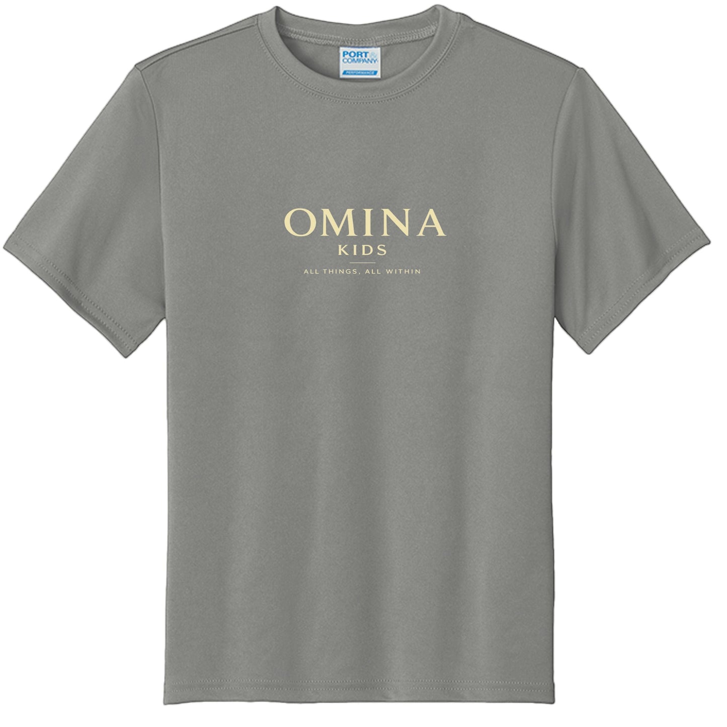 Omina Kids grey cotton t-shirt with "OMINA KIDS ALL THINGS, ALL WITHIN" text graphic on chest.
